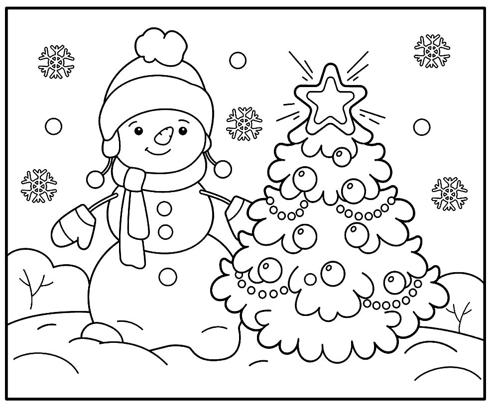 Desenho de Natal para colorir - árvore de Natal e boneco de neve