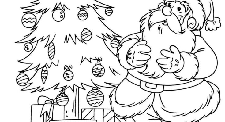 Desenho de Natal para colorir - árvore de natal e papai noel