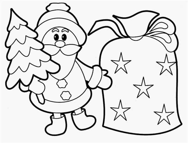 Desenho de Natal para Colorir 12 - Papai Noel, árvore de Natal e saco de presente